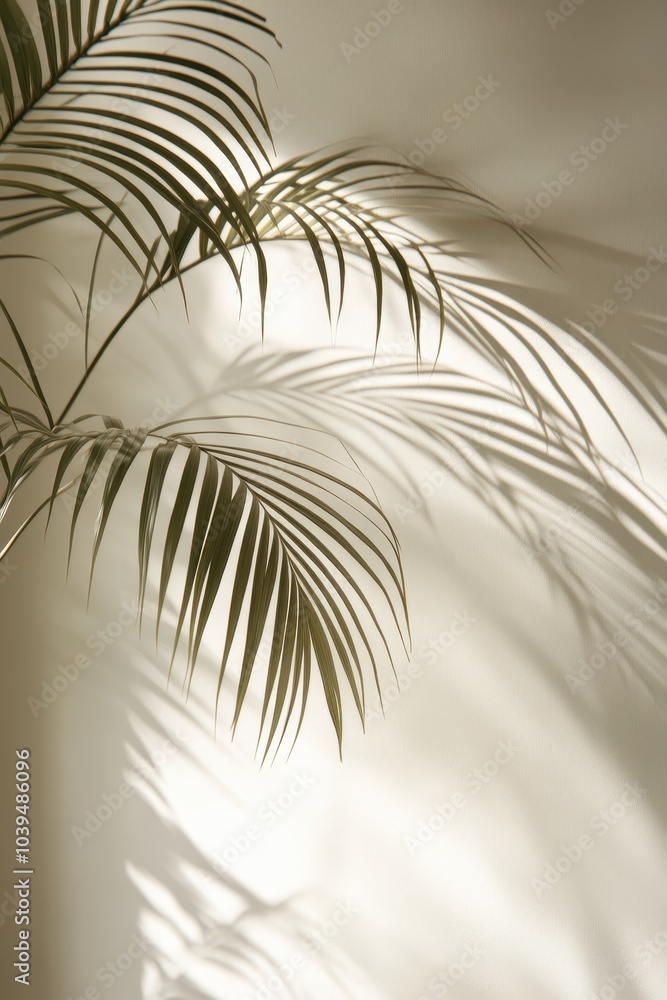 Sunlit Palm Leaves Casting Shadows on a Minimalist Beige Wall in a Modern Interior Setting Sunlit Palm Leaves Casting Shadows on a Minimalist Beige Wall in a Modern Interior Setting