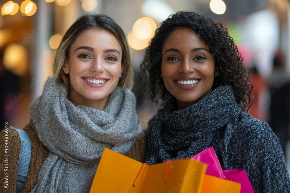 Happy female shoppers carrying shopping bags, Generative AI