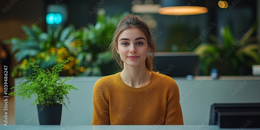 Receptionist at front desk in office, Generative AI