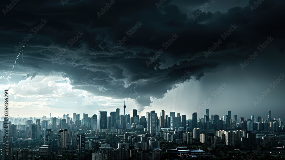 Fototapeta premium severe thunderstorm is approaching coastal city, with dark clouds and lightning illuminating skyline. atmosphere is tense and dramatic as nature unleashes its power