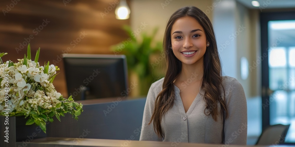 Receptionist at front desk in office, Generative AI