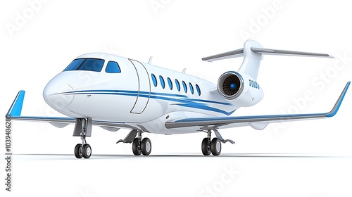 Private Jet Soaring High: A sleek, white private jet with blue accents stands ready for takeoff, symbolizing luxury travel and a life of freedom. 