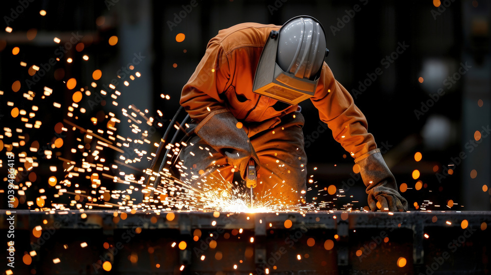 welder creates shower of sparks while working on metal, showcasing intensity and skill involved in metal fabrication. bright sparks illuminate workspace, highlighting craftsmanship welder creates shower of sparks while working on metal, showcasing intensity and skill involved in metal fabrication. bright sparks illuminate workspace, highlighting craftsmanship