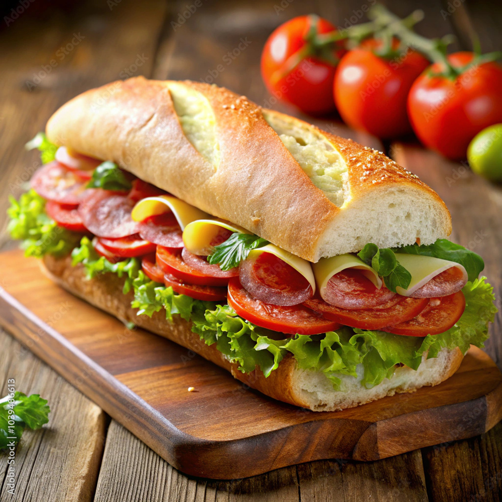 Sándwich con tomates y lechuga sobre una tabla de cortar, comida fresca y saludable | Sandwich with tomatoes and lettuce on a cutting board, fresh and healthy meal Sándwich con tomates y lechuga sobre una tabla de cortar, comida fresca y saludable | Sandwich with tomatoes and lettuce on a cutting board, fresh and healthy meal