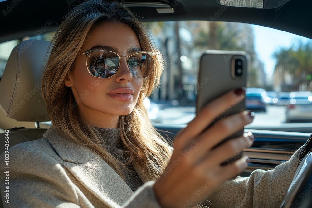 Business woman in car making a video call with smartphone, Generative AI