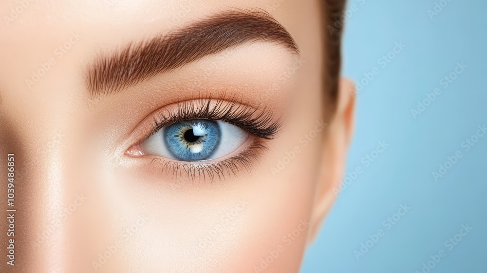 Obraz premium blue eyeshadow accentuating bright blue eyes, framed by long lashes against a blue background