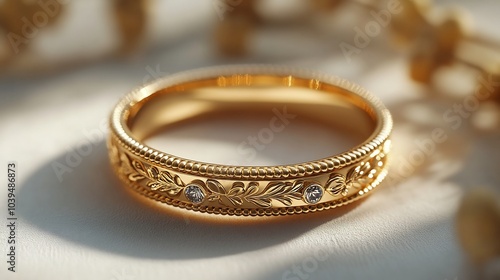 Vintageinspired wedding ring with an engraved gold band set against a plain minimalistic background highlighting its classic and elegant design photo