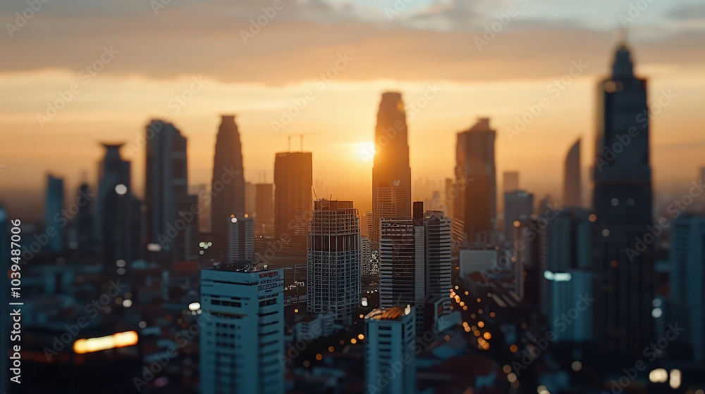 Fototapeta premium stunning skyline filled with tall skyscrapers during sunset, showcasing vibrant city atmosphere. warm glow of sun creates beautiful backdrop for bustling urban landscape