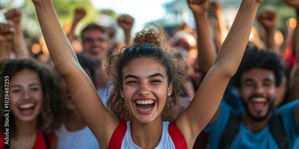 Excited crowd of sports fans celebrating their team's victory, Generative AI