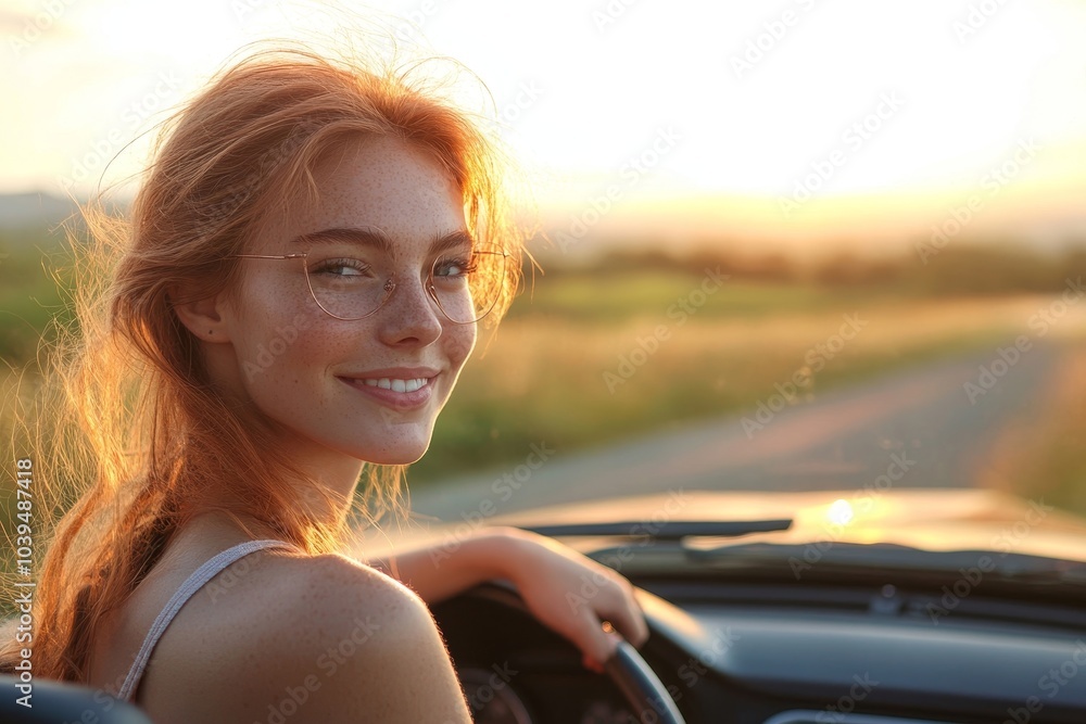 Woman on road trip having fun driving a car, Generative AI