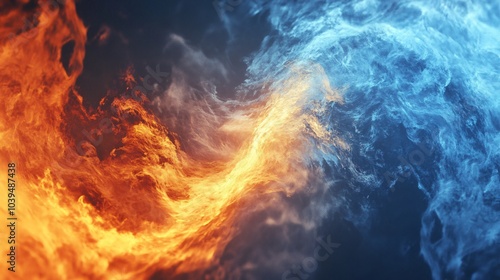 Abstract swirling orange and blue fire and smoke on a dark blue background.