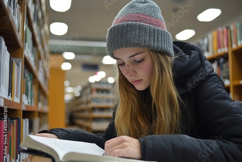 Girl student making assignment at university library, Generative AI