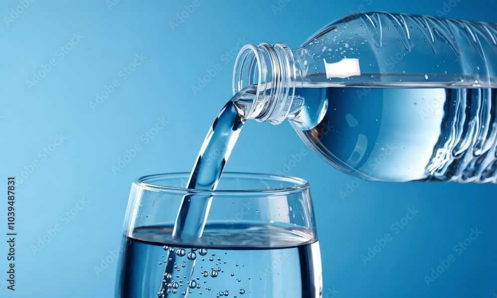 A bottle of water is poured into a glass. The water is clear and the glass is half full A bottle of water is poured into a glass. The water is clear and the glass is half full