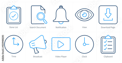 A set of 10 ui icons as done list, search document, notification