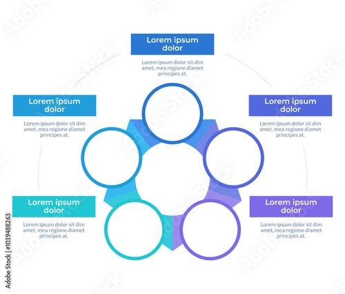 Business operations infographic radial flowchart. Process cycle. Workflow. Strategic planning. Visualization diagram with 5 steps. Circular info graphic editable. Montserrat SemiBold font used