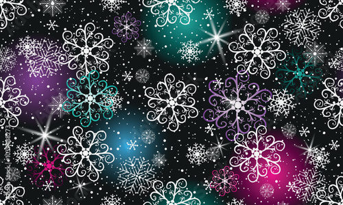 Vector seamless Christmas hand drown pattern with white and gradient snowflakes on a dark background