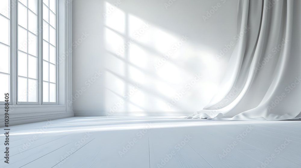 Fototapeta premium A white curtain drapes across the floor of a minimalist room, catching the light streaming in from a large window. The soft, natural light creates a sense of calm and serenity.
