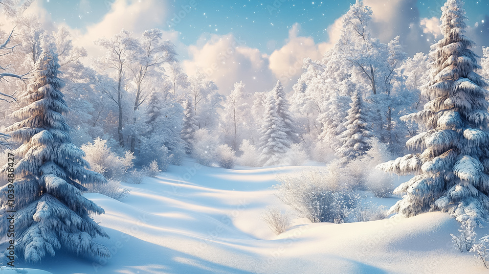 Snow blankets the ground and trees in a peaceful winter landscape, creating a picturesque scene of tranquility Snow blankets the ground and trees in a peaceful winter landscape, creating a picturesque scene of tranquility