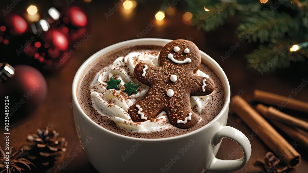 A gingerbread man floating in a cup of hot cocoa, surrounded by whipped cream and festive sprinkles. A gingerbread man floating in a cup of hot cocoa, surrounded by whipped cream and festive sprinkles.