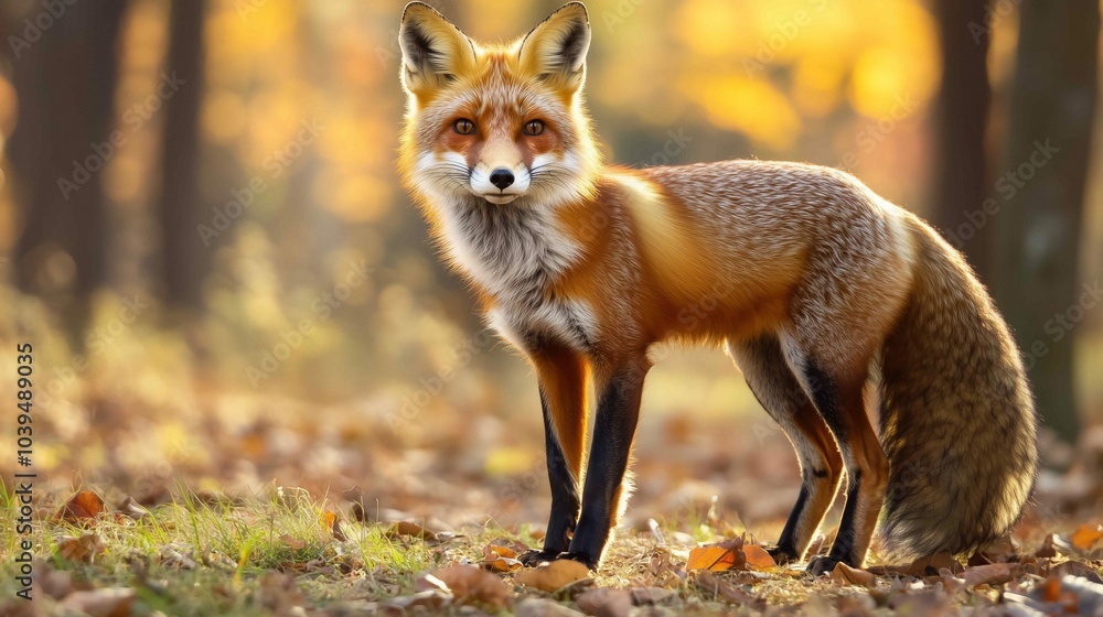 Fototapeta premium Fox in green forest. Cute Red Fox, Vulpes vulpes, at forest with flowers, moss stone. Wildlife scene from nature. Animal in nature habitat. Fox hidden in green vegetation. Animal, green environmen