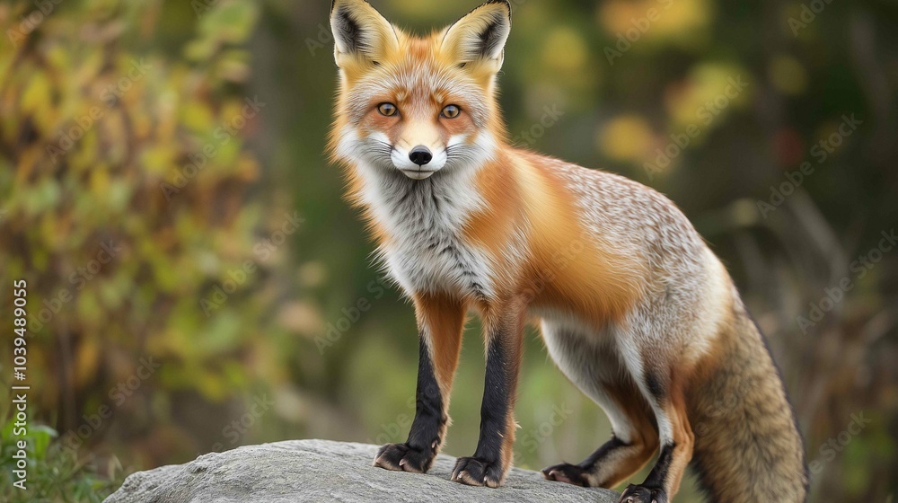 Fox in green forest. Cute Red Fox, Vulpes vulpes, at forest with flowers, moss stone. Wildlife scene from nature. Animal in nature habitat. Fox hidden in green vegetation. Animal, green environmen Fox in green forest. Cute Red Fox, Vulpes vulpes, at forest with flowers, moss stone. Wildlife scene from nature. Animal in nature habitat. Fox hidden in green vegetation. Animal, green environmen