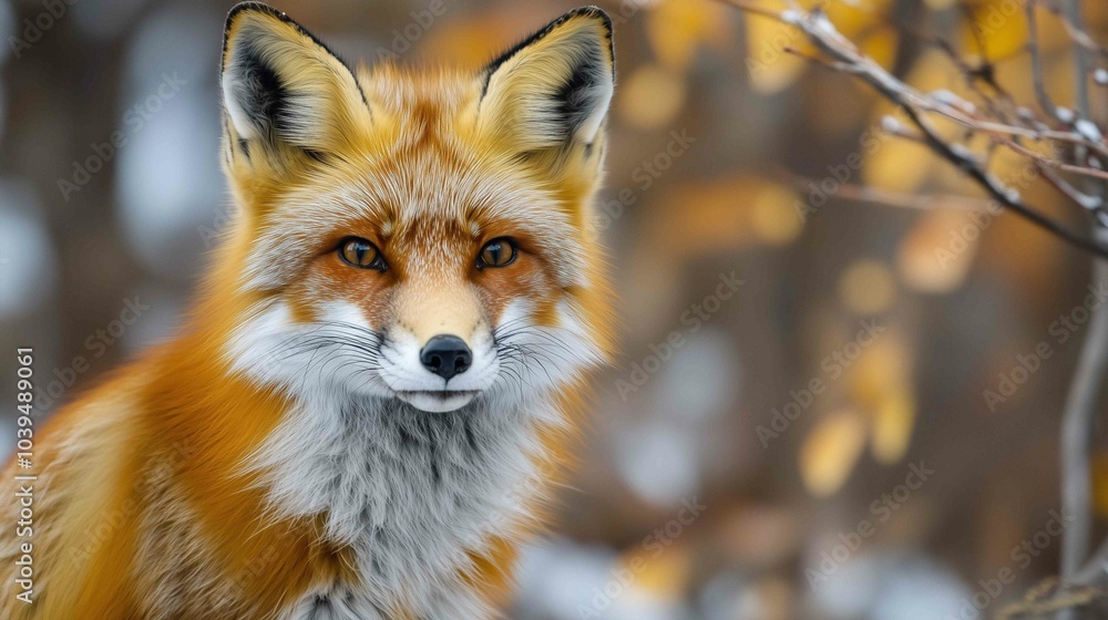 Obraz premium Fox in green forest. Cute Red Fox, Vulpes vulpes, at forest with flowers, moss stone. Wildlife scene from nature. Animal in nature habitat. Fox hidden in green vegetation. Animal, green environmen