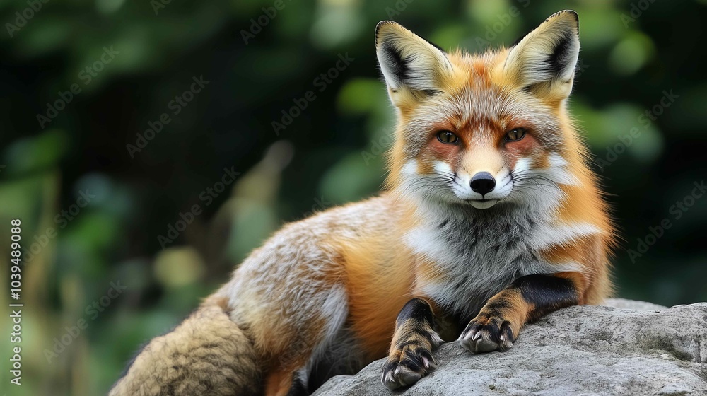 Fox in green forest. Cute Red Fox, Vulpes vulpes, at forest with flowers, moss stone. Wildlife scene from nature. Animal in nature habitat. Fox hidden in green vegetation. Animal, green environmen Fox in green forest. Cute Red Fox, Vulpes vulpes, at forest with flowers, moss stone. Wildlife scene from nature. Animal in nature habitat. Fox hidden in green vegetation. Animal, green environmen