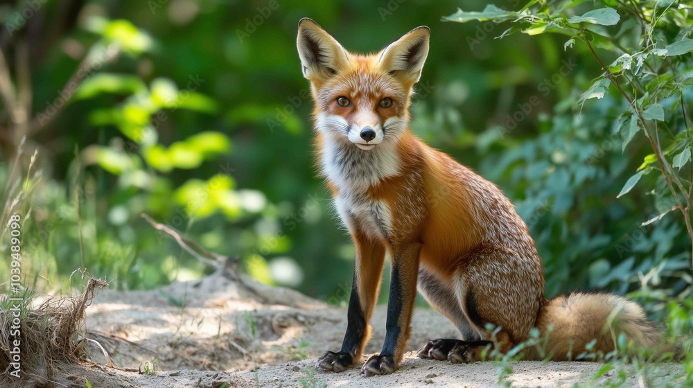 Fox in green forest. Cute Red Fox, Vulpes vulpes, at forest with flowers, moss stone. Wildlife scene from nature. Animal in nature habitat. Fox hidden in green vegetation. Animal, green environmen Fox in green forest. Cute Red Fox, Vulpes vulpes, at forest with flowers, moss stone. Wildlife scene from nature. Animal in nature habitat. Fox hidden in green vegetation. Animal, green environmen