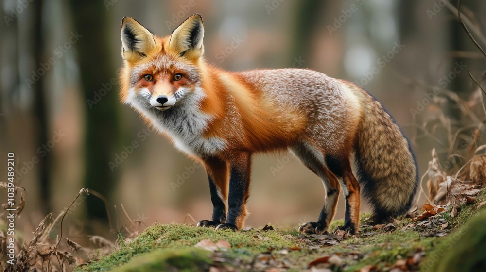 Fox in green forest. Cute Red Fox, Vulpes vulpes, at forest with flowers, moss stone. Wildlife scene from nature. Animal in nature habitat. Fox hidden in green vegetation. Animal, green environmen Fox in green forest. Cute Red Fox, Vulpes vulpes, at forest with flowers, moss stone. Wildlife scene from nature. Animal in nature habitat. Fox hidden in green vegetation. Animal, green environmen