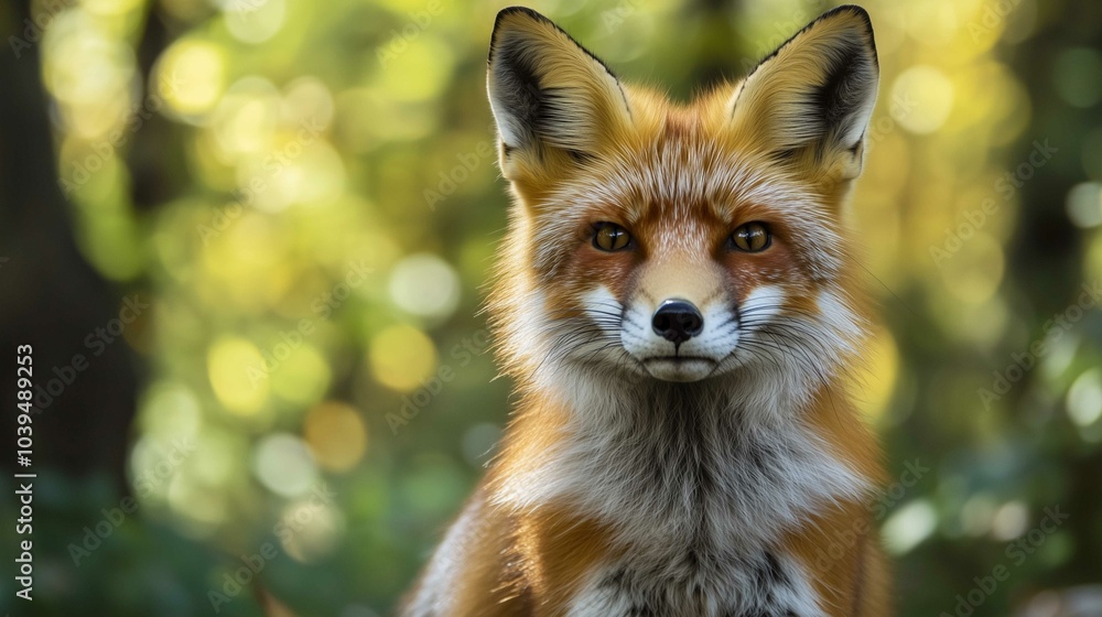 Fox in green forest. Cute Red Fox, Vulpes vulpes, at forest with flowers, moss stone. Wildlife scene from nature. Animal in nature habitat. Fox hidden in green vegetation. Animal, green environmen Fox in green forest. Cute Red Fox, Vulpes vulpes, at forest with flowers, moss stone. Wildlife scene from nature. Animal in nature habitat. Fox hidden in green vegetation. Animal, green environmen