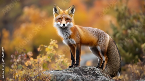 Fox in green forest. Cute Red Fox, Vulpes vulpes, at forest with flowers, moss stone. Wildlife scene from nature. Animal in nature habitat. Fox hidden in green vegetation. Animal, green environmen