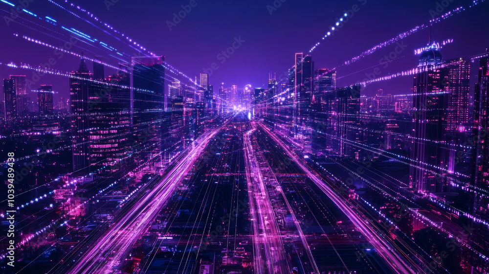 A vibrant purple city at night, illuminated by glowing lines of digital data. This image represents the concepts of smart cities, virtual reality, artificial intelligence, and innovation. A vibrant purple city at night, illuminated by glowing lines of digital data. This image represents the concepts of smart cities, virtual reality, artificial intelligence, and innovation.