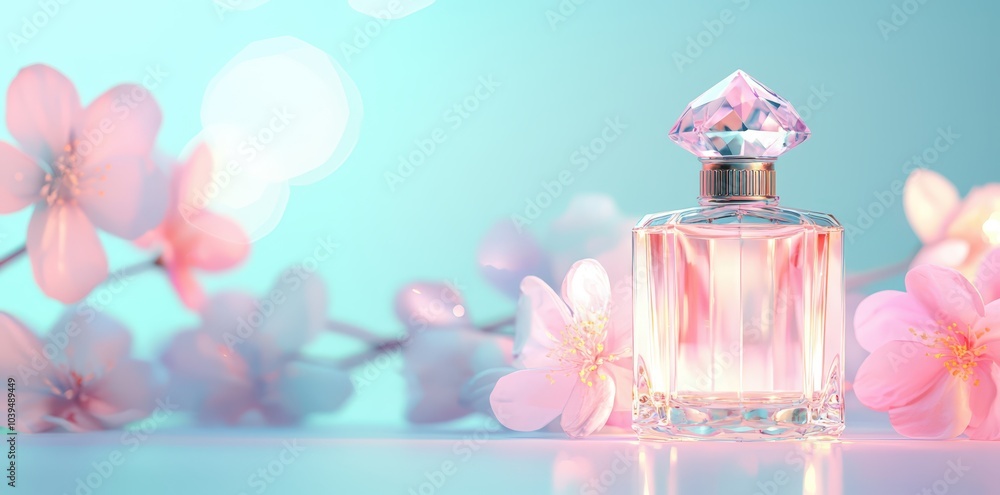 Elegant crystal perfume bottle with a shimmering gem-like cap, radiating luxury and sophistication. Elegant crystal perfume bottle with a shimmering gem-like cap, radiating luxury and sophistication.