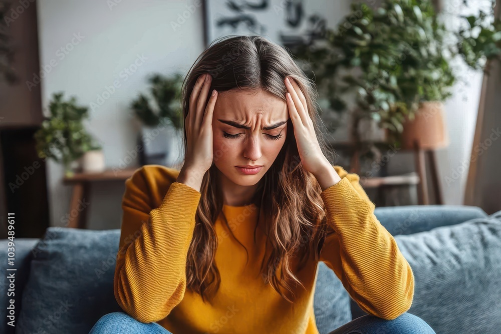 Struggling with Overwhelm A Woman's Response to Stress in a Cozy Home Environment Struggling with Overwhelm A Woman's Response to Stress in a Cozy Home Environment