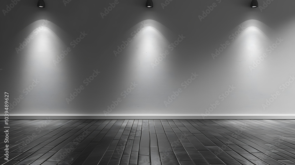 Three spotlights illuminate an empty room with a grey wall and black wood floor, creating a dramatic and minimalist setting. Three spotlights illuminate an empty room with a grey wall and black wood floor, creating a dramatic and minimalist setting.