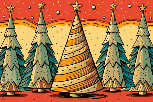 Whimsical Forest of Stylized Christmas Trees Under Starry Sky