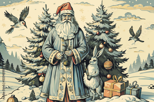 Winter Wonderland with Santa Claus, Forest Animals, and Gifts