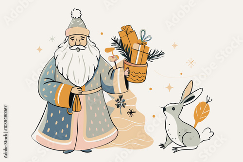 Festive Santa Claus Illustration with Holiday Gifts and Cute Animals