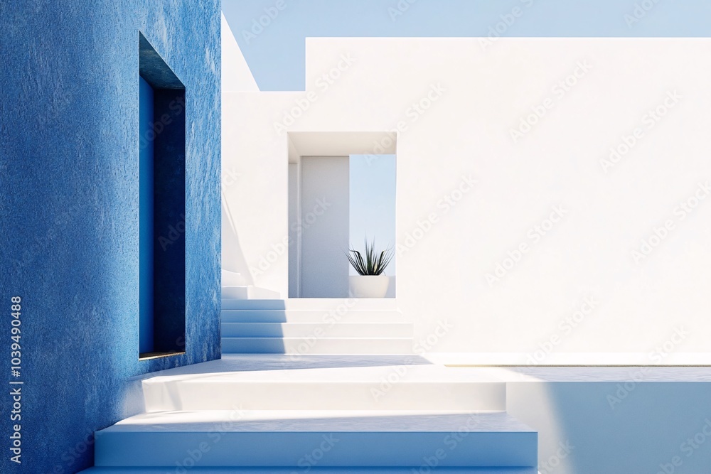 Fototapeta premium A serene architectural space featuring white walls and blue accents, leading to a bright, open area with a touch of greenery.
