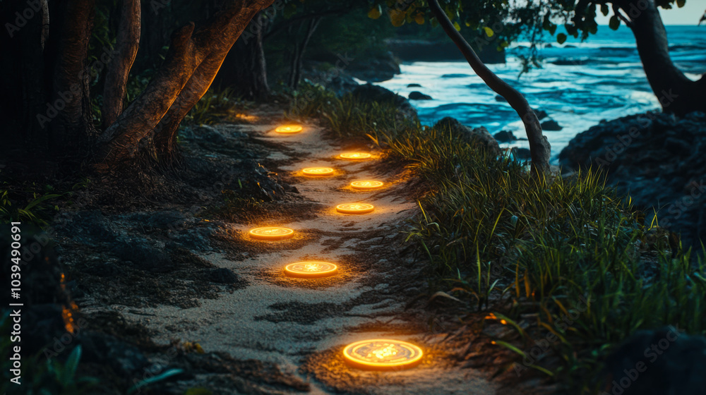 Glowing pathway along the shoreline at dusk, guiding visitors through a serene coastal landscape Glowing pathway along the shoreline at dusk, guiding visitors through a serene coastal landscape
