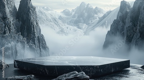 A black stone podium surrounded by misty mountains creates an ethereal and mysterious atmosphere for product display. In the center of the composition is a table surrounded by stylized rocks. photo