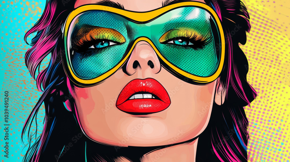 A woman with a colorful face mask, drawn in a retro comic book style.pop art. A woman with a colorful face mask, drawn in a retro comic book style.pop art.