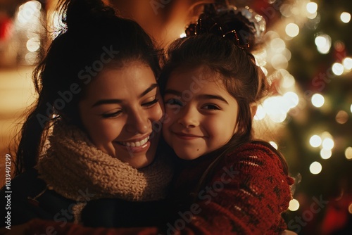 A warm, festive embrace between a mother and daughter, surrounded by soft lights and holiday spirit, capturing the essence of love and togetherness.