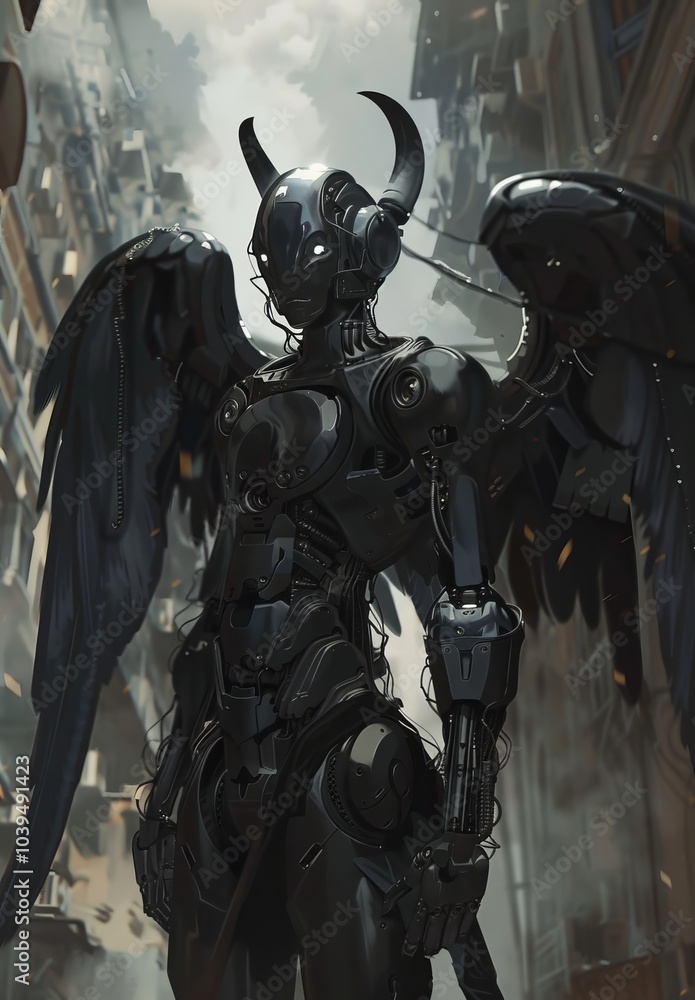 black robot with angel wings. black robot with angel wings.