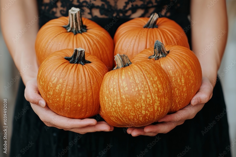 Close up of three small pumpkins held in a womans hands creating a warm cozy autumn scene with vibrant orange tones and soft natural lighting Close up of three small pumpkins held in a womans hands creating a warm cozy autumn scene with vibrant orange tones and soft natural lighting
