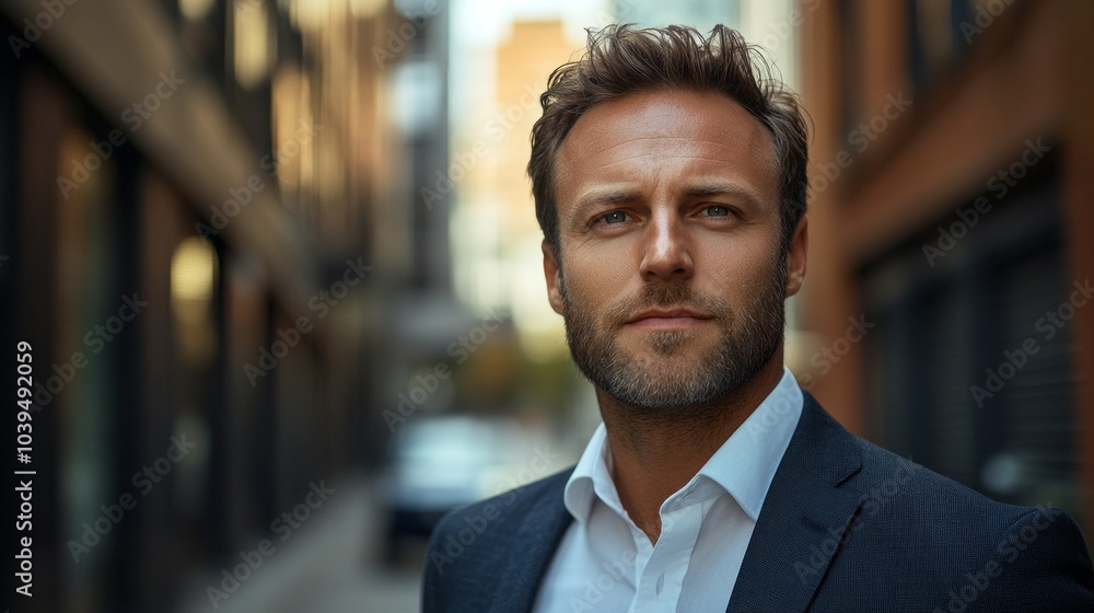 A man in a suit and white shirt stands in front of a building. He has a beard and is looking at the camera A man in a suit and white shirt stands in front of a building. He has a beard and is looking at the camera