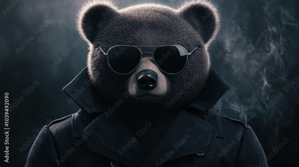 Cute Bear Wearing Sunglasses in Stylish Black Coat Cute Bear Wearing Sunglasses in Stylish Black Coat