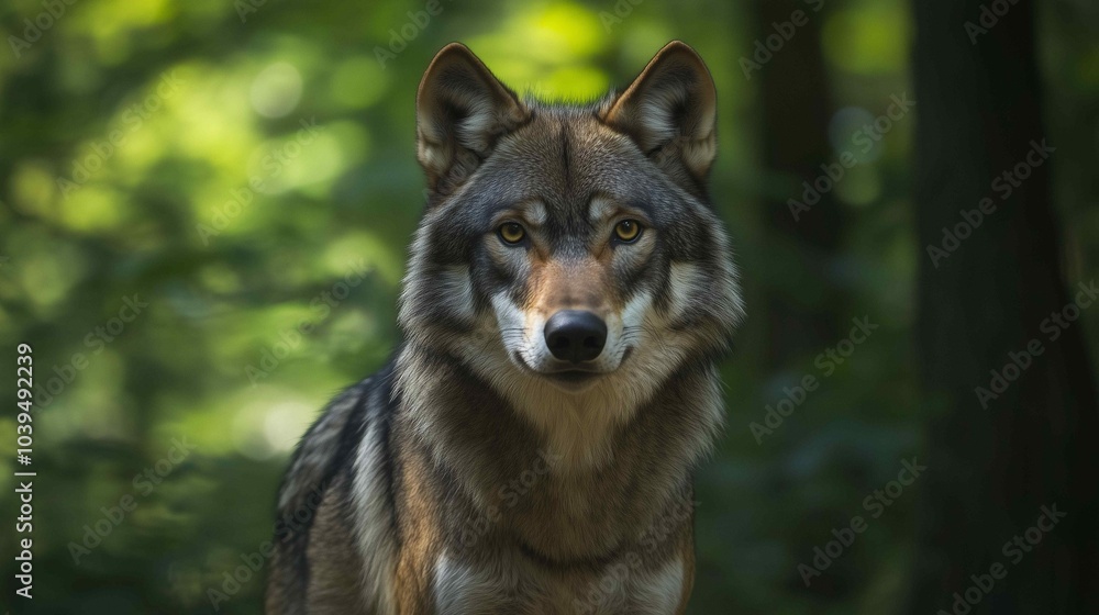 Fototapeta premium Portrait of grey wolf in the forest 