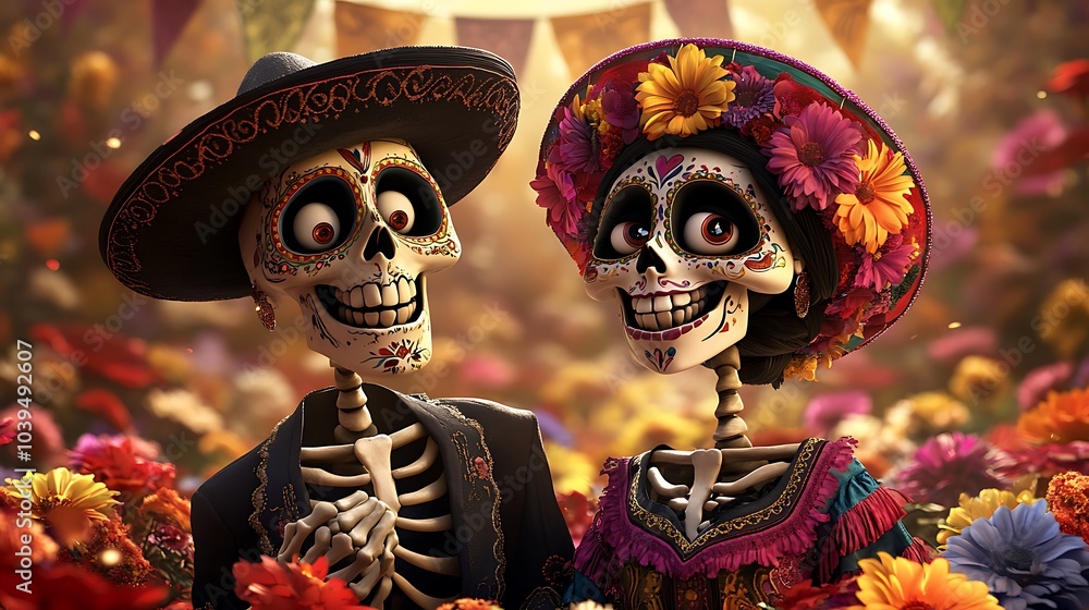 Skeleton couple in traditional attire A joyful skeleton couple dressed in traditional Mexican clothing, dancing amidst a sea of colorful flowers and papel picado banners swaying above. Skeleton couple in traditional attire A joyful skeleton couple dressed in traditional Mexican clothing, dancing amidst a sea of colorful flowers and papel picado banners swaying above.