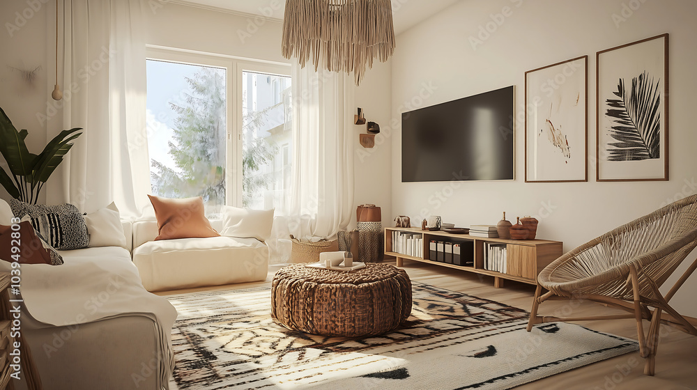 Fototapeta premium home decoration idea, etnic style and scandinavian style room